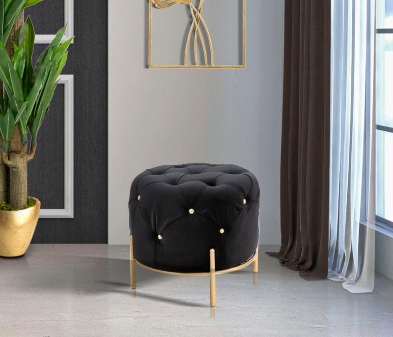 Puff Diamond Glam Nero Ø45x40 cm in Ferro e MDF e Spugna e Poliestere Nero e Oro-8