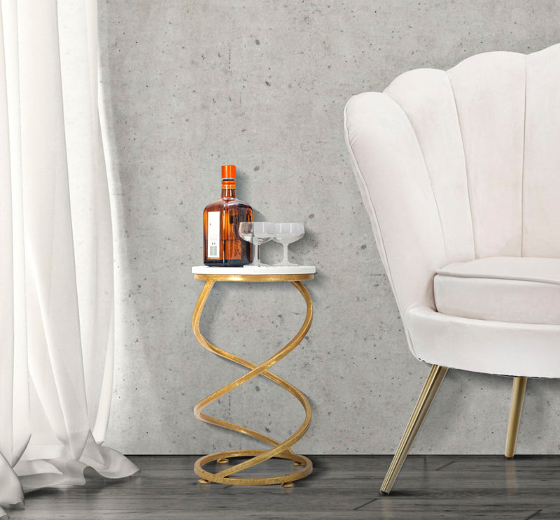 Tavolinetto Spiral Marble Ø27,5x47,5 cm in Ferro e Marmo Oro e Bianco-5