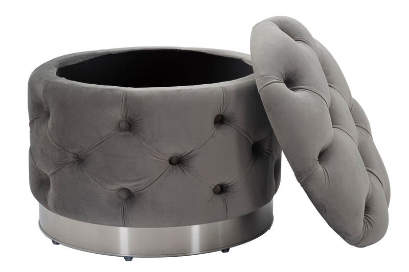 Puff Contenitore Rich Grigio Ø55x42 cm in Legno Spugna Poliestere e Acciaio Grigio-6