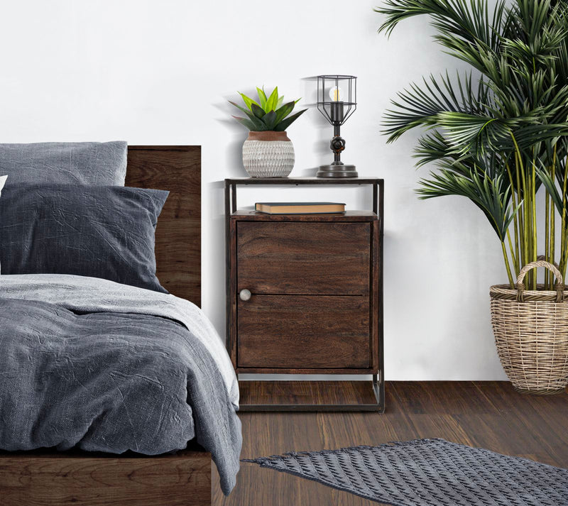 Comodino 1Door Burn 45x30x66 cm in Legno di Acacia e in Ferro Marrone-7