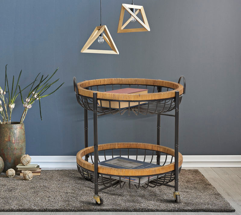 Carrello 2 Ripiani 57x55,5x62,5 cm con Ruote in Metallo e Rattan-7