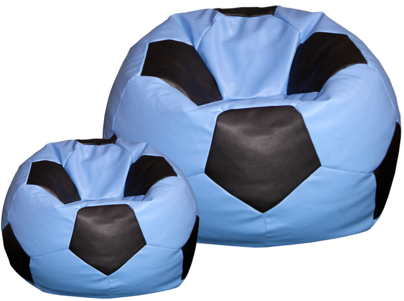 Poltrona a Sacco Pouf Ø100 cm in Similpelle con Poggiapiedi Baselli Pallone da Calcio Celeste e Nero-1