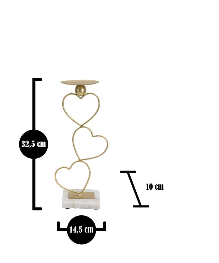 Portacandele Hearts 14,5x10x32,5 cm in Ferro e Marmo Oro e Bianco-6