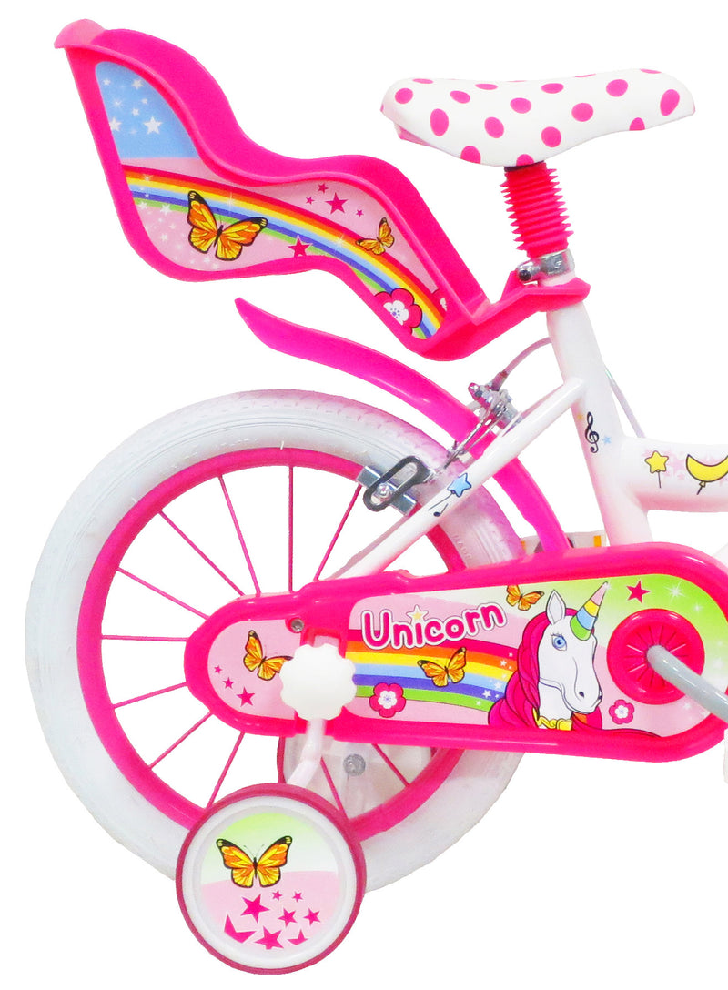 Bicicletta per Bambina 14" 2 Freni  Unicorno Bianca/Rosa-2