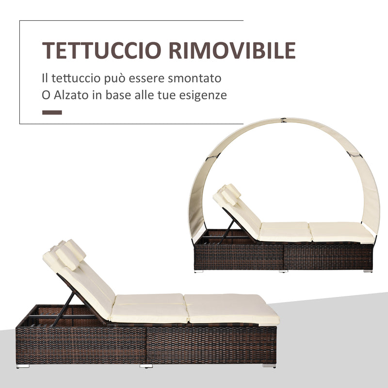 Lettino Prendisole Doppio da Giardino 196x137x36,5 cm con Tettuccio in Rattan Marrone e Crema-5