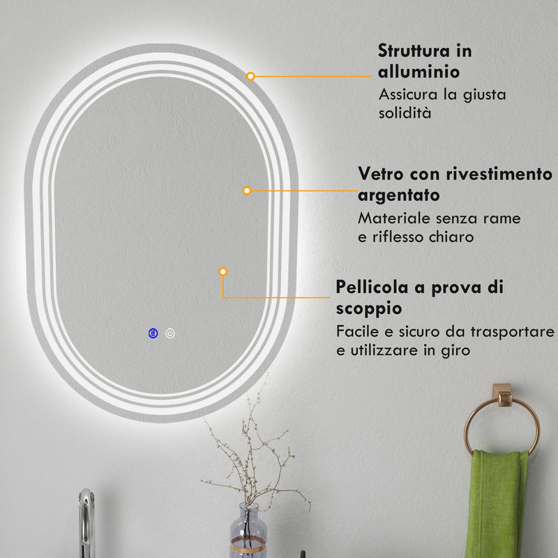 Specchio Bagno con LED 80x60 cm Antiappannamento e Interruttore Touch-7