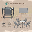 Set Tavolo e 4 Sedie Pieghevoli da Giardino in Acciaio Piano in Vetro e Sedute in Tessuto Nero-5
