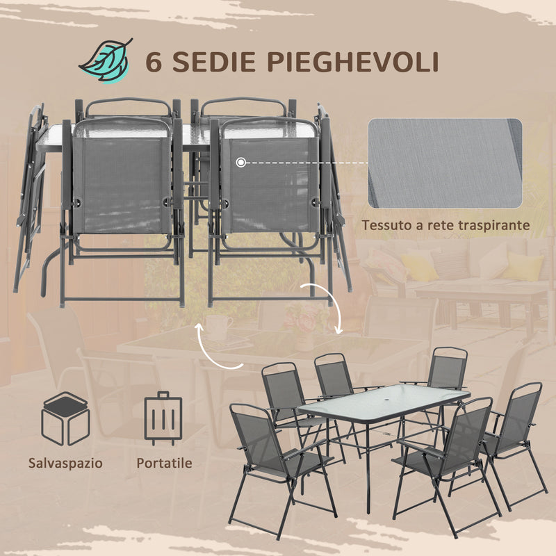 Set Tavolo e 6 Sedie Pieghevoli da Giardino con Ombrellone Piano in Vetro e Sedute in Tessuto Grigio-5