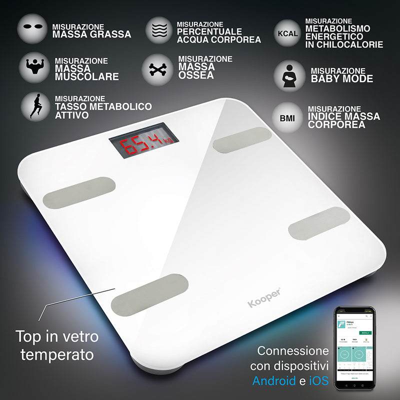 Bilancia Pesapersona Digitale Max 180 Kg in Vetro con App Bluetooth Kooper  Bianco-7