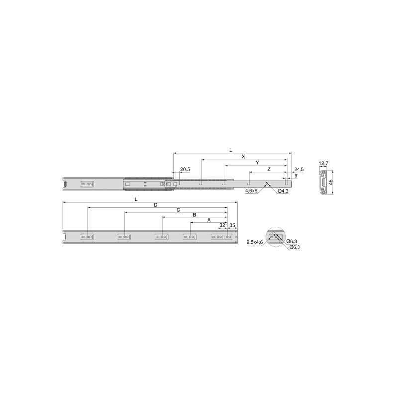 Kit Guide per Cassetti a Sfera 45 x 250 mm Estrazione Totale Zincato 5 Pezzi Emuca-2