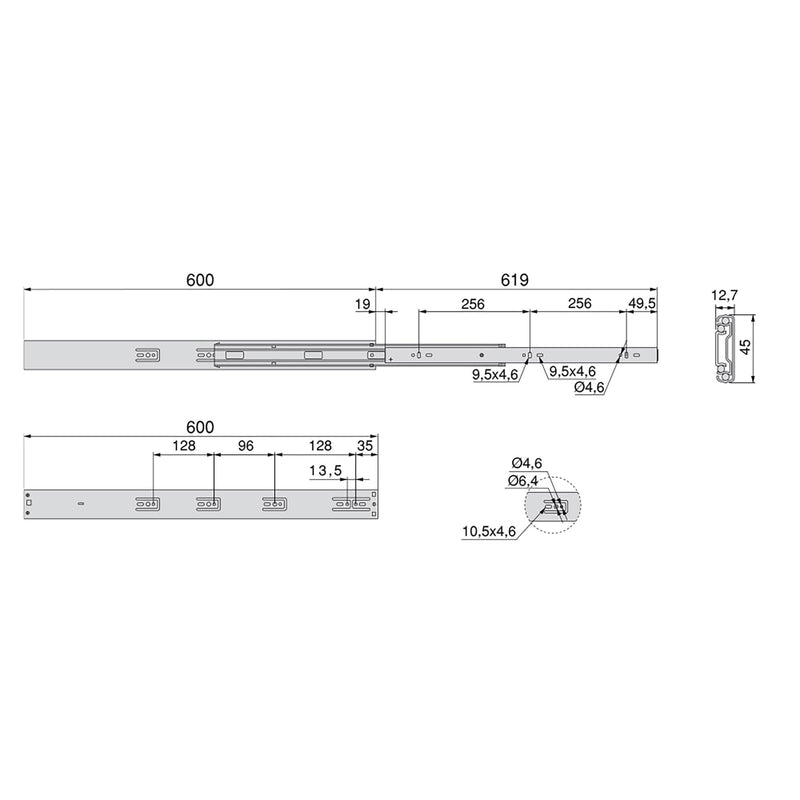 Kit Guide per Cassetti a Sfera 45 x 600 mm Estrazione Totale Chiusura Soft Zincato 5 Pezzi Emuca-2