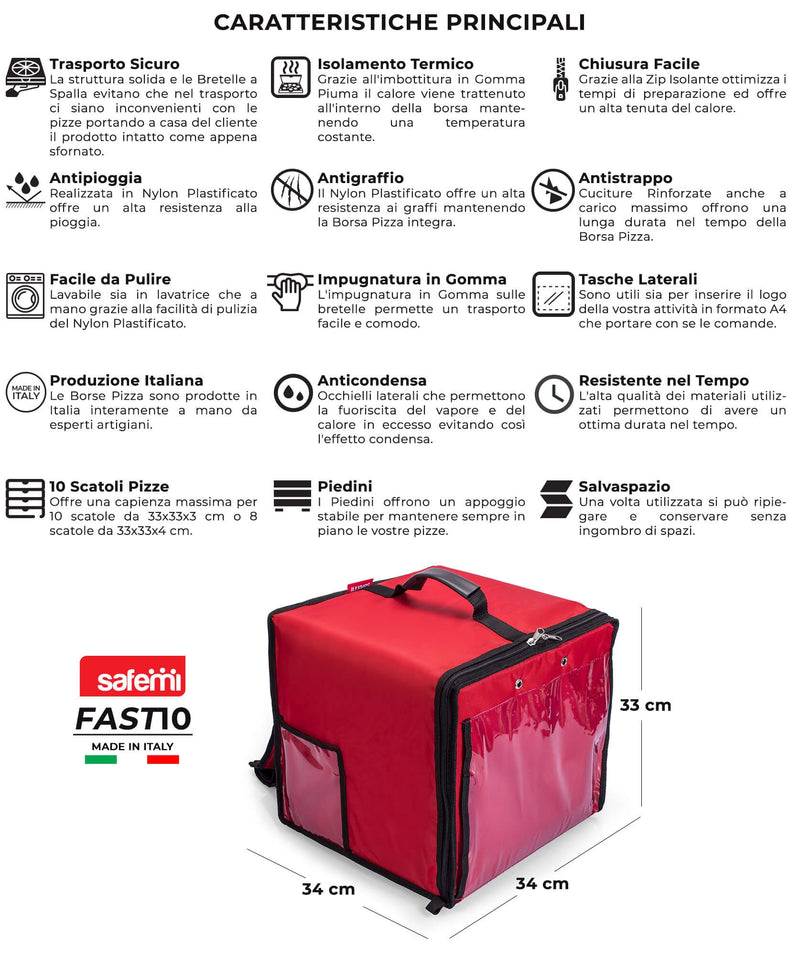 Zaino Borsa Termica Porta Pizze da Asporto 10 Cartoni Safemi Fast 10 Rosso-5