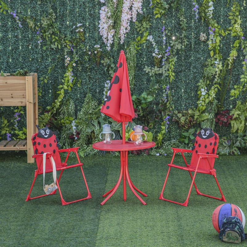 Set Tavolino e 2 Sedie Pieghevoli da Giardino per Bambini con Ombrello Rosso Coccinella-2