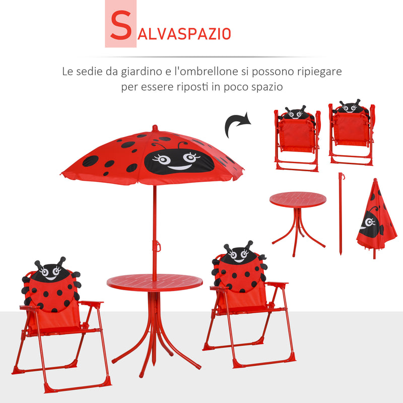 Set Tavolino e 2 Sedie Pieghevoli da Giardino per Bambini con Ombrello Rosso Coccinella-4