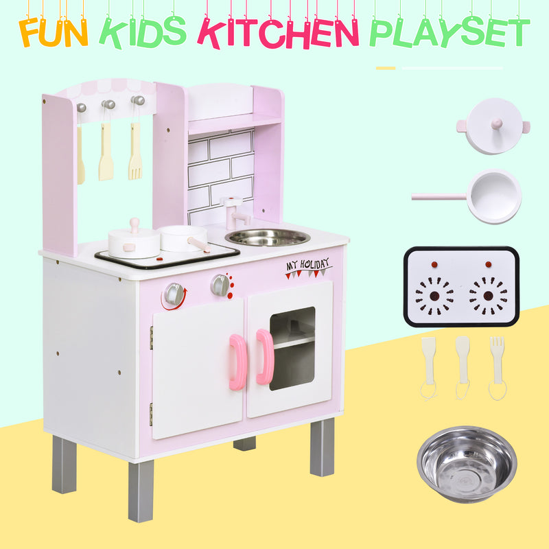 Cucina Giocattolo per Bambini 55x30x80 cm in Pino e MDF con Accessori  Rosa-6