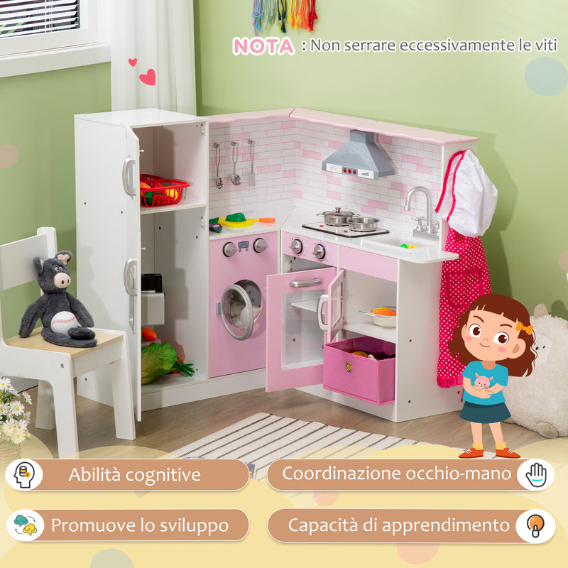 Cucina Giocattolo per Bambini 84x93,5x85 cm con Luci e Utensili in MDF e PP  Bianca e Rosa