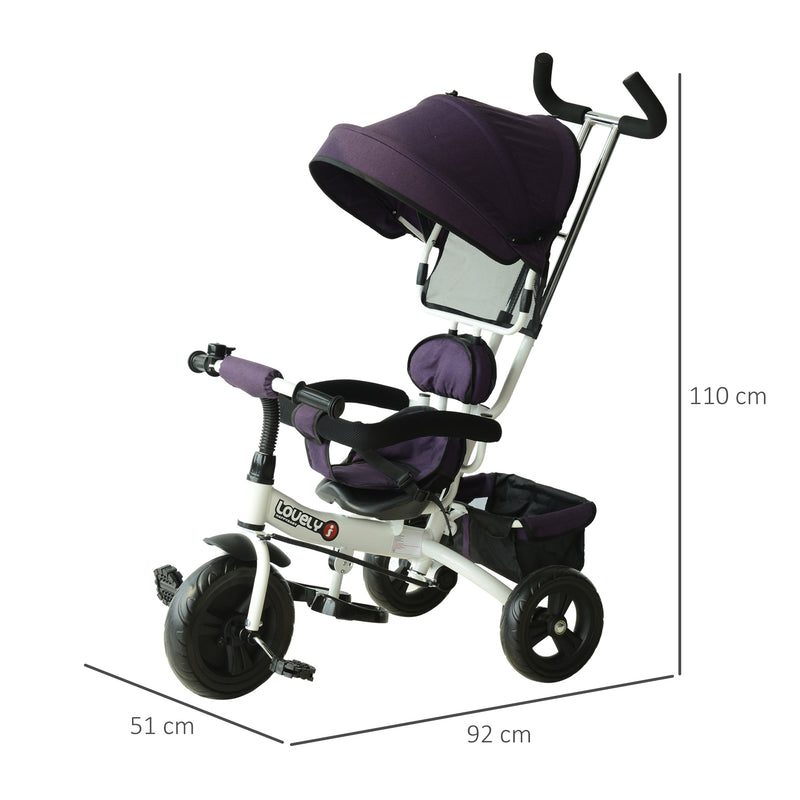 Passeggino Triciclo per Bambini con Maniglione e Tettuccio Parasole Deluxe Bianco e Viola -3