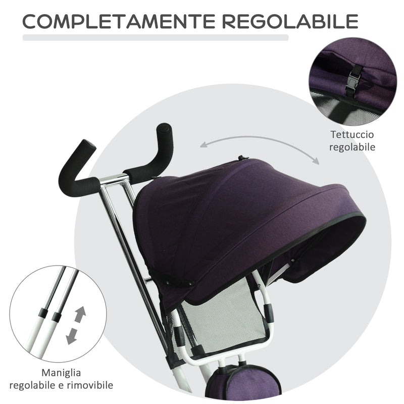 Passeggino Triciclo per Bambini con Maniglione e Tettuccio Parasole Deluxe Bianco e Viola -6