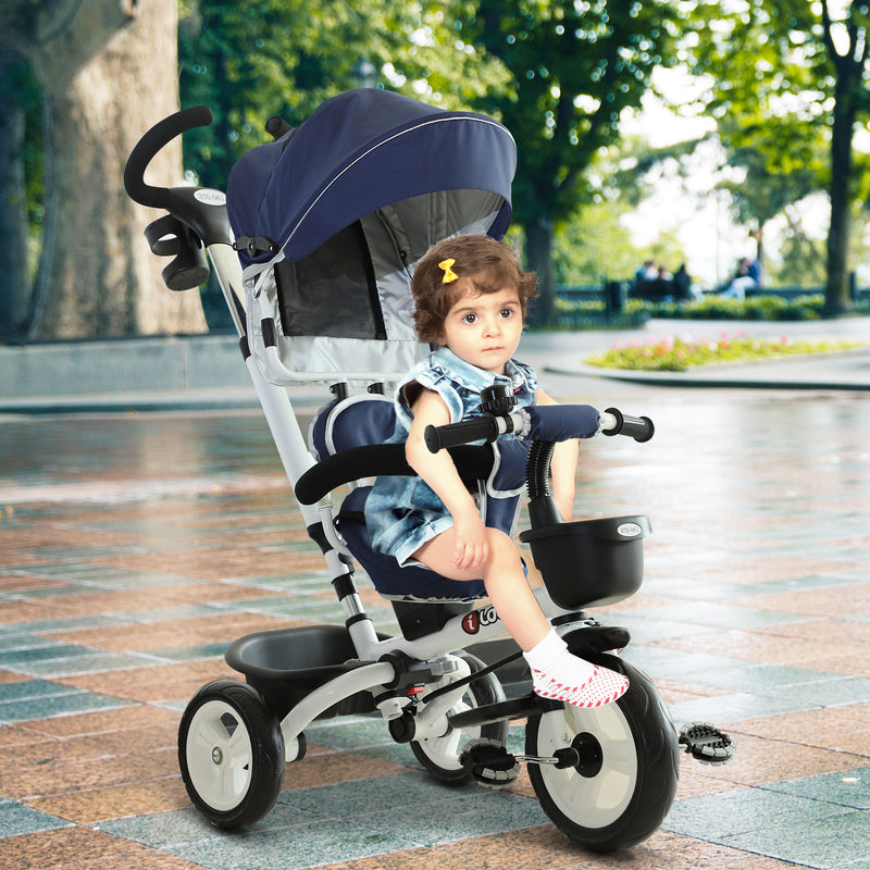Passeggino Triciclo per Bambini con Maniglione Tetto Parapioggia Regolabile e Cestino Blu -2