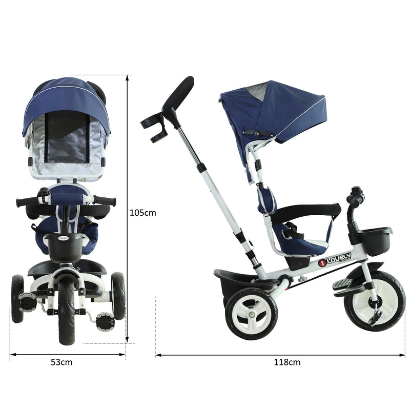 Passeggino Triciclo per Bambini con Maniglione Tetto Parapioggia Regolabile e Cestino Blu -3