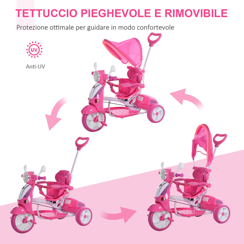 Triciclo Passeggino con Seggiolino Reversibile per Bambini Rosa-4