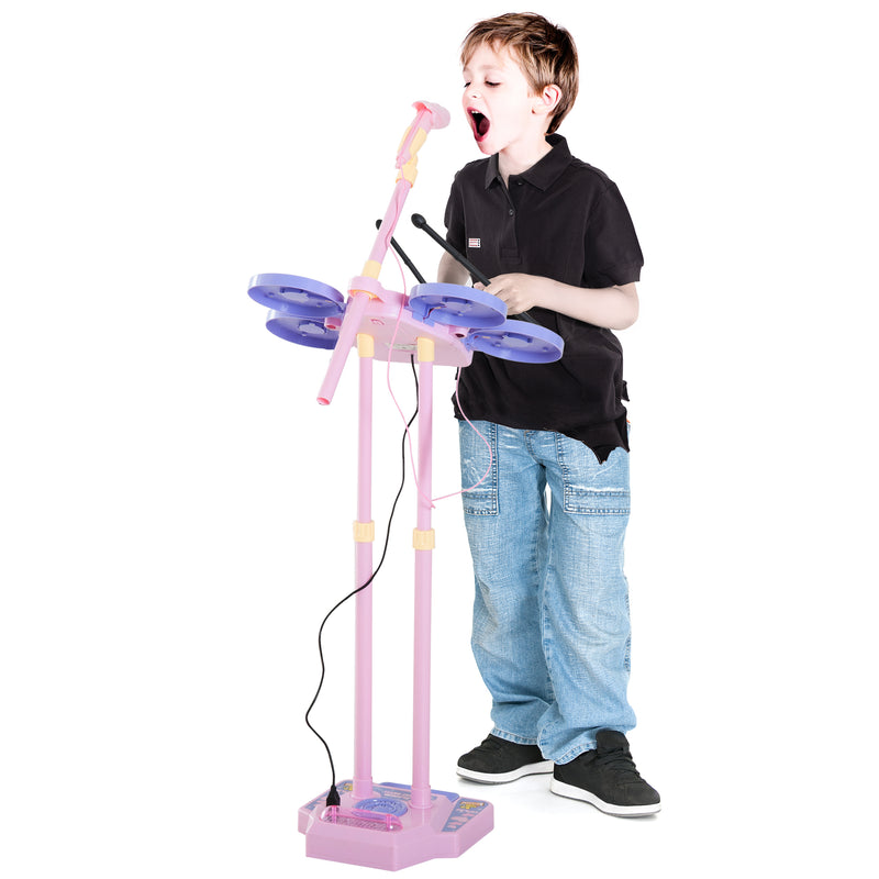 Set Batteria Giocattolo per Bambini con Microfono Rosa -6