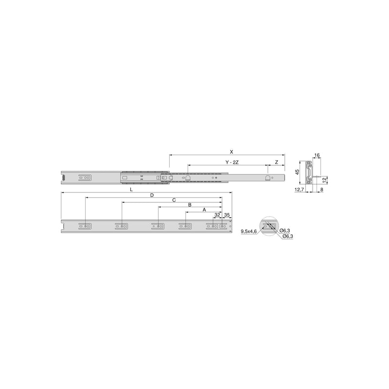 Guide a Sfere per Cassetti con Estrazione Totale con Squadra H45 mm L350 Bianco Acciaio Emuca-2