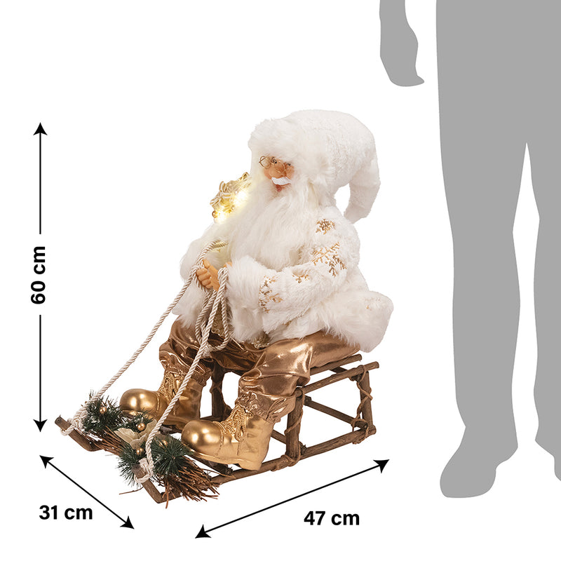 Pupazzo Babbo Natale H60 cm con Slitta e Led in Stoffa Oro e Bianco-6