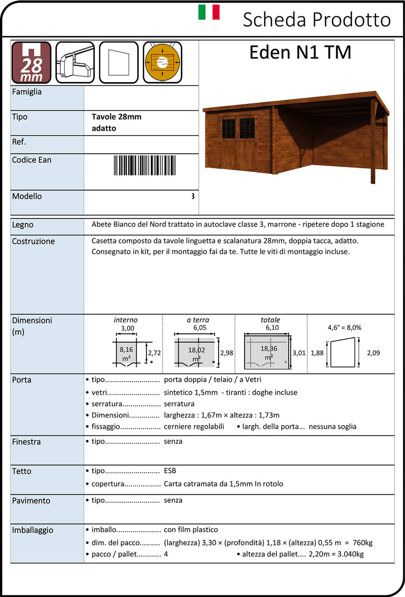 Casetta Box da Giardino per Attrezzi 6,05x2,98m Senza Pavimento con Tettoia in Legno Abete 28mm Eden Trattata-3