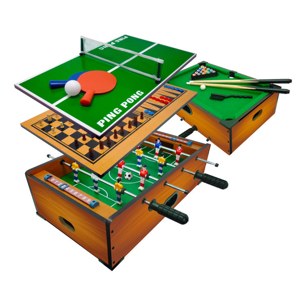 Tavolo Multi Gioco 6 in 1 51x31x16 cm Calciobalilla Biliardo Ping Pong Scacchi Dama Backgammon Marrone Chiaro online