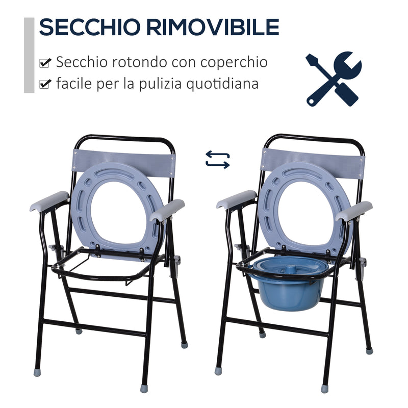 Sedia WC Pieghevole con Vaso Rimovibile per Anziani e Disabili in Tubi di Ferro e Plastica 52x50x75 cm -4