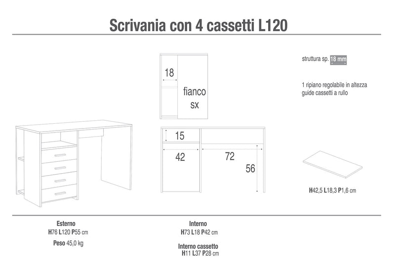 Scrivania da Ufficio 4 Cassetti 120x76x55 cm Bianco Fiammato-2