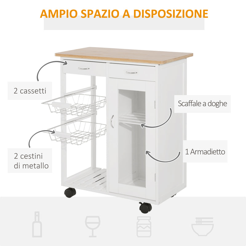 Carrello da Cucina con Cassetti e 2 Cesti in Legno di Pino Bianco 70x37x85 cm -4