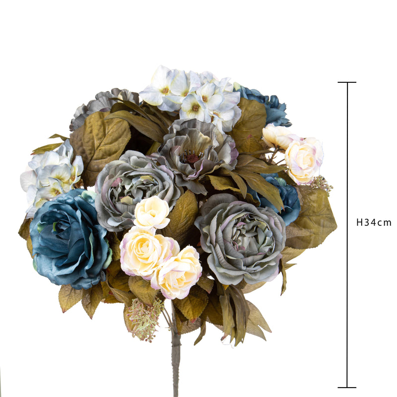 Bouquet Artificiale Composta da Rose e Ortensie Altezza 34 cm Blu-2