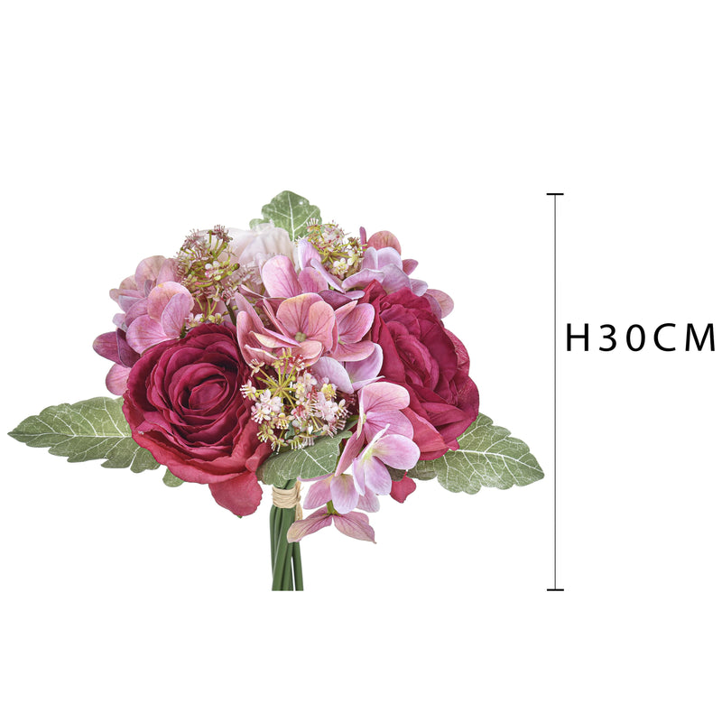 2 Bouquet Artificiali Rose con Ortenzie Altezza 30 cm Rosa-2