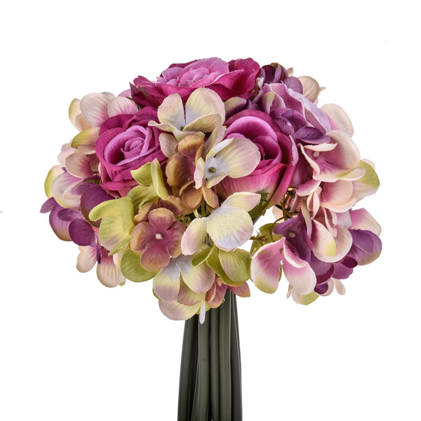 Set 3 Bouquet Artificiali Composto da 11 Fiori di Rose e Ortensie Altezza 20 cm Rosa sconto