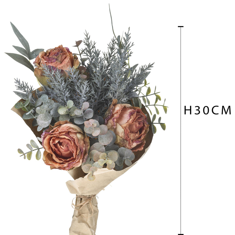 Bouquet Artificiale Romantico con Rose Altezza 30 cm Arancio-2