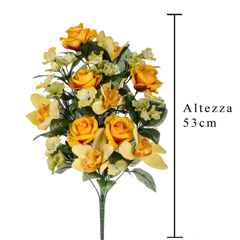 Bouquet Artificiale Frontale di Rose e Cymbidium Altezza 53 cm Arancio-2