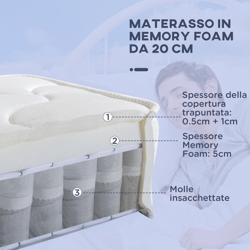 Materasso Memory e Molle Mastrimoniale 160x190 cm H20 Bianco-6