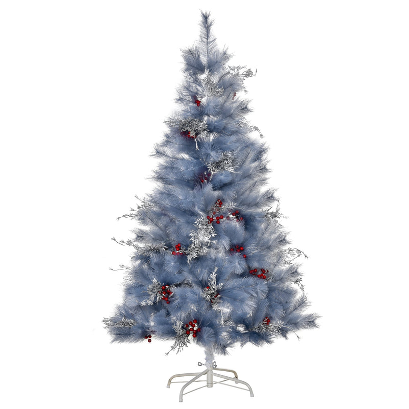 Albero di Natale Artificiale 150 cm 222 Rami con Foglie Argentate e Bacche Rosse-1