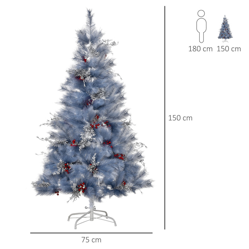 Albero di Natale Artificiale 150 cm 222 Rami con Foglie Argentate e Bacche Rosse-3