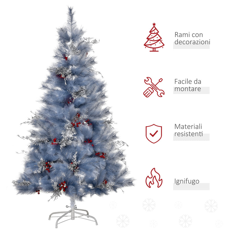 Albero di Natale Artificiale 150 cm 222 Rami con Foglie Argentate e Bacche Rosse-7