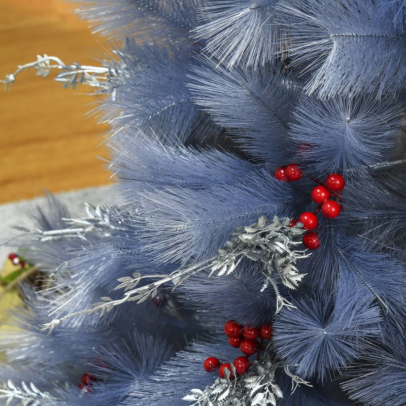 Albero di Natale Artificiale 150 cm 222 Rami con Foglie Argentate e Bacche Rosse-9