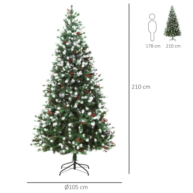 Albero di Natale Artificiale Innevato 210 cm 1172 Rami con Bacche Rosse  Pino Verde-3