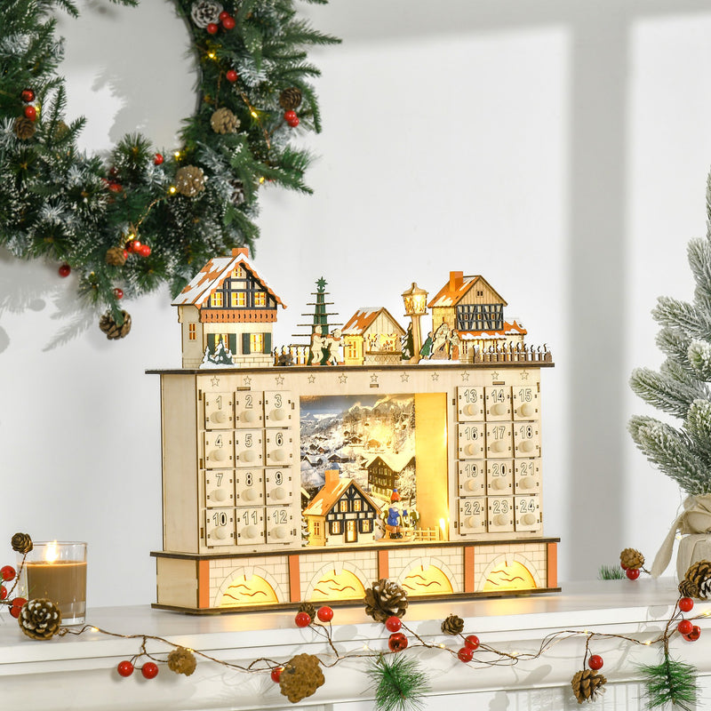 Calendario dell'Avvento  44x10x37 cm 24 Cassetti con Villaggio di Natale e Luci in Legno-2