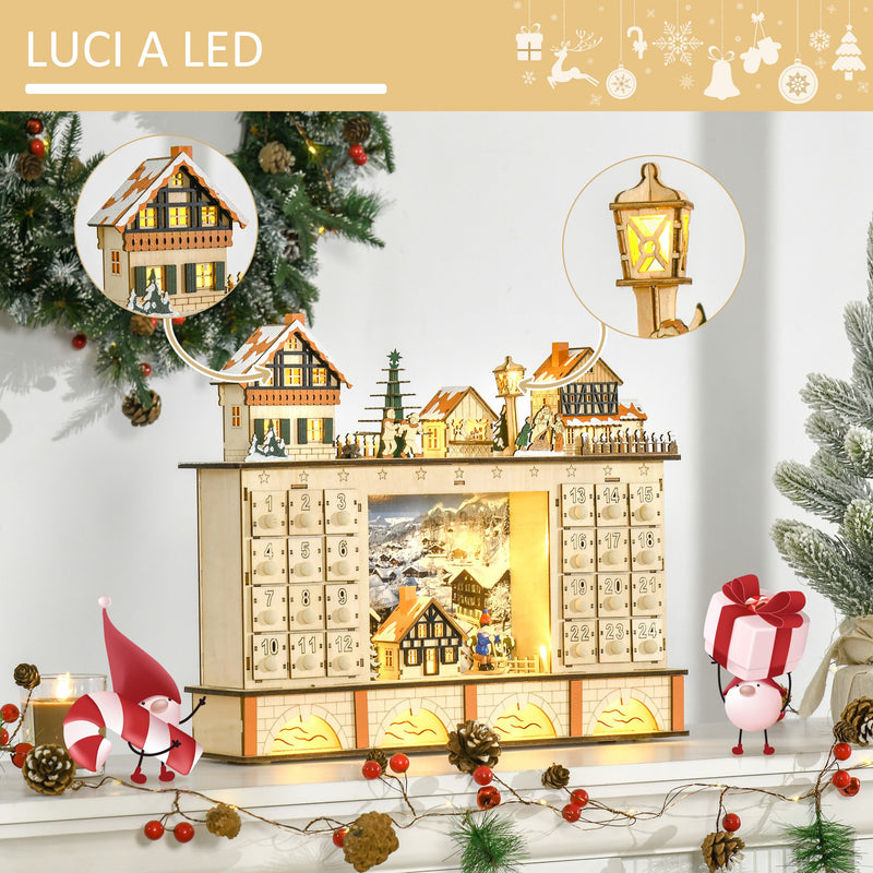 Calendario dell'Avvento  44x10x37 cm 24 Cassetti con Villaggio di Natale e Luci in Legno-4
