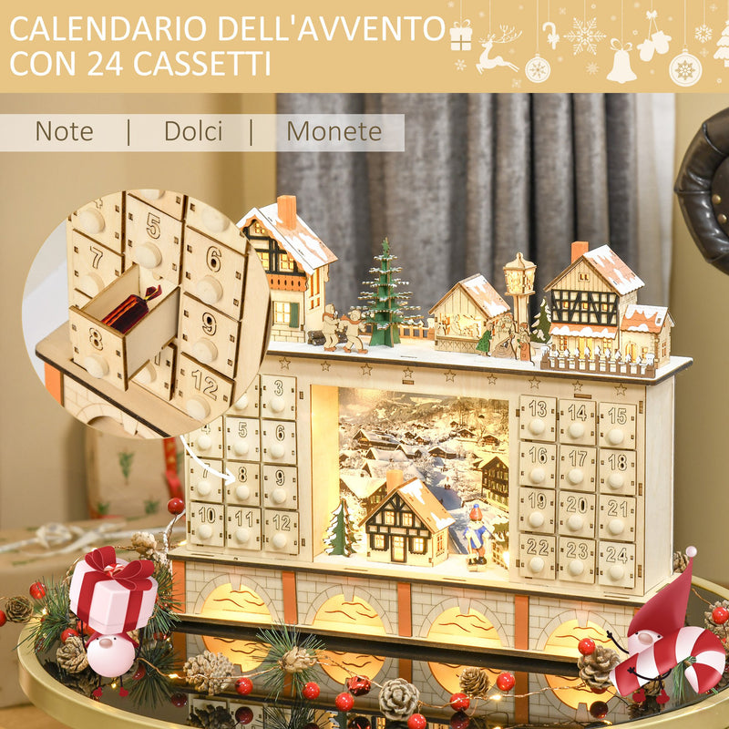 Calendario dell'Avvento  44x10x37 cm 24 Cassetti con Villaggio di Natale e Luci in Legno-5