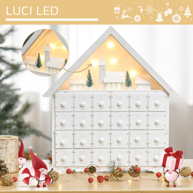 Calendario dell'Avvento  39x9x42 cm 24 Cassetti Villaggio di Natale con Alberi e Luci Bianco-4