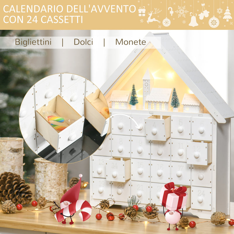 Calendario dell'Avvento  39x9x42 cm 24 Cassetti Villaggio di Natale con Alberi e Luci Bianco-5