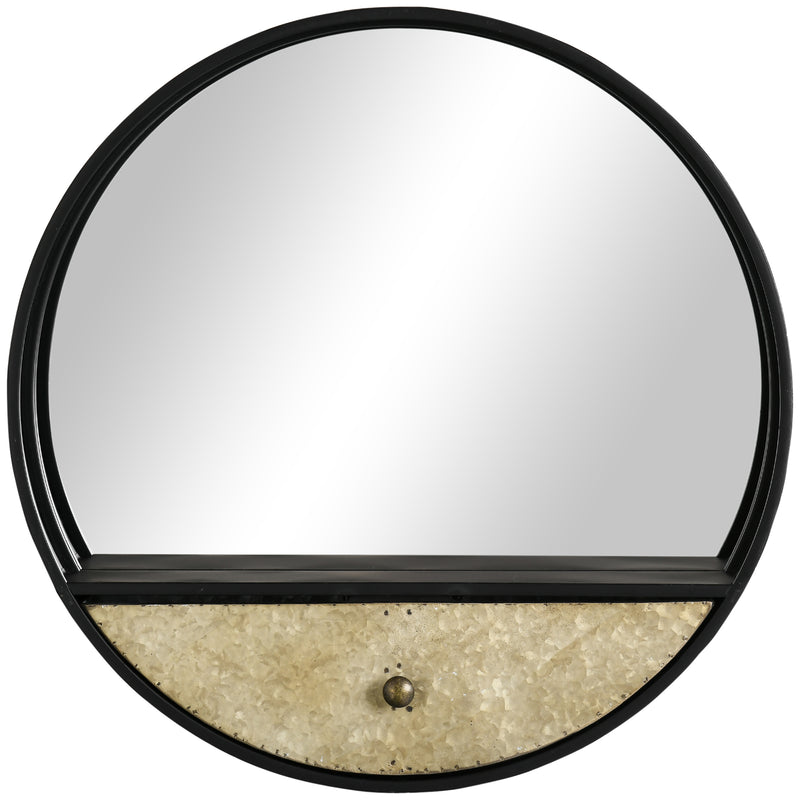 Specchio da Parete Ø61 cm con Cassetto in Metallo Nero-1